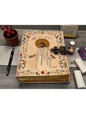 Sakura Vintage Jesus Prayer Leather Journal Folk Art Floral Tan‎ 7x5 Metal Lock